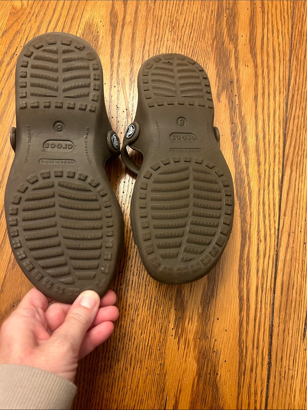 CROCS Two-Strap Slides - Light Pink Insole with Brown Straps - Picture 3 of 4